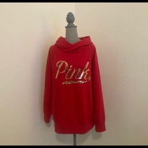 VS PINK L Red Hoodie Sweatshirt w/ Gold Sequins Victoria’s Secret
